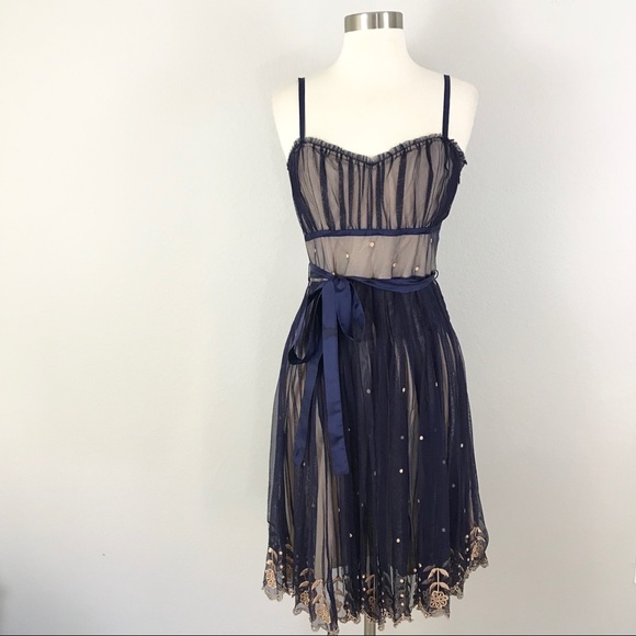 Anthropologie Dresses & Skirts - Odille Anthropologie 6 Dress Blue Mesh Embroidered